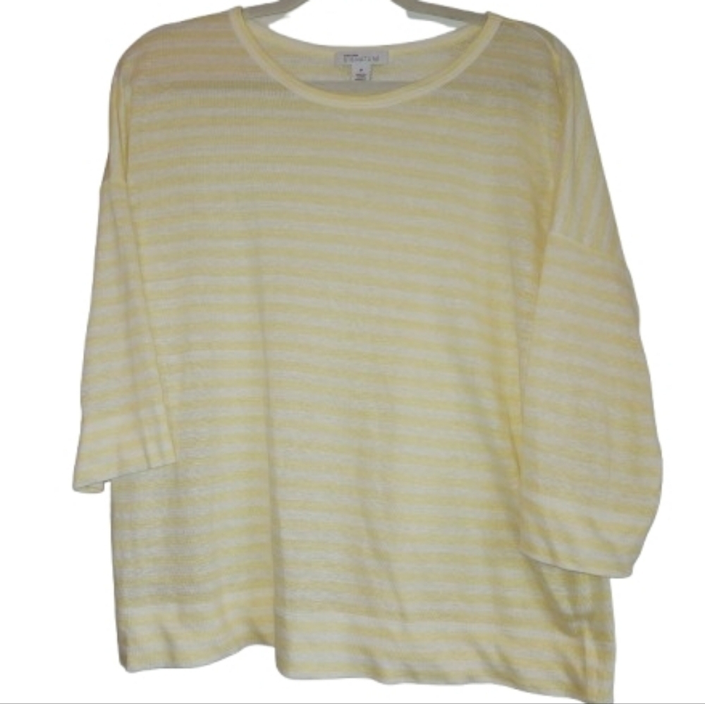 Nordstrom Signature 100% Linen Yellow/White Striped 3/4 Sleeve Top Size M Light